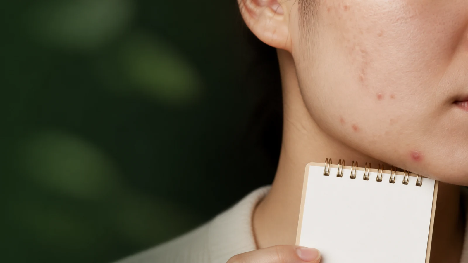 볼과 턱선에 옅어진 붉은 자국과 새 구진이 함께 보이고 빈 기록장을 든 성인의 부분 모습