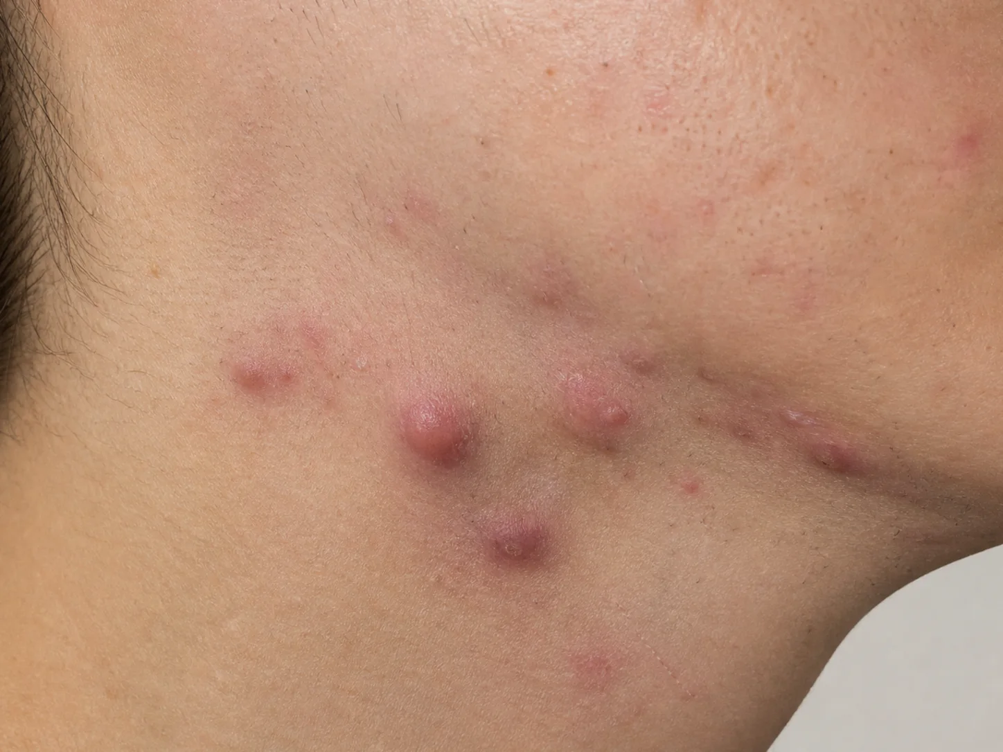 아래 볼과 턱, 윗목에 깊은 붉은 결절과 염증 후 자국이 함께 보이는 근접 재현 이미지