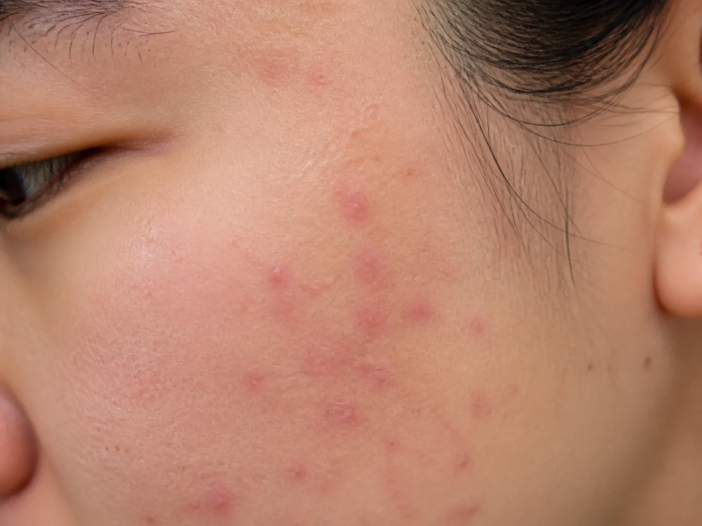동아시아 성인의 볼에 여드름 염증이 아문 뒤 평평한 분홍빛·붉은 자국이 남은 근접 교육 이미지
